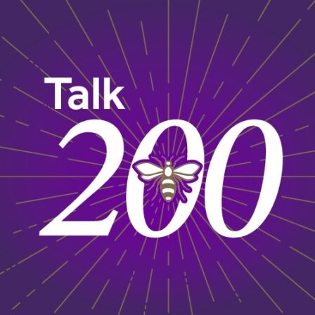 White Talk 200 logo on a purple background.