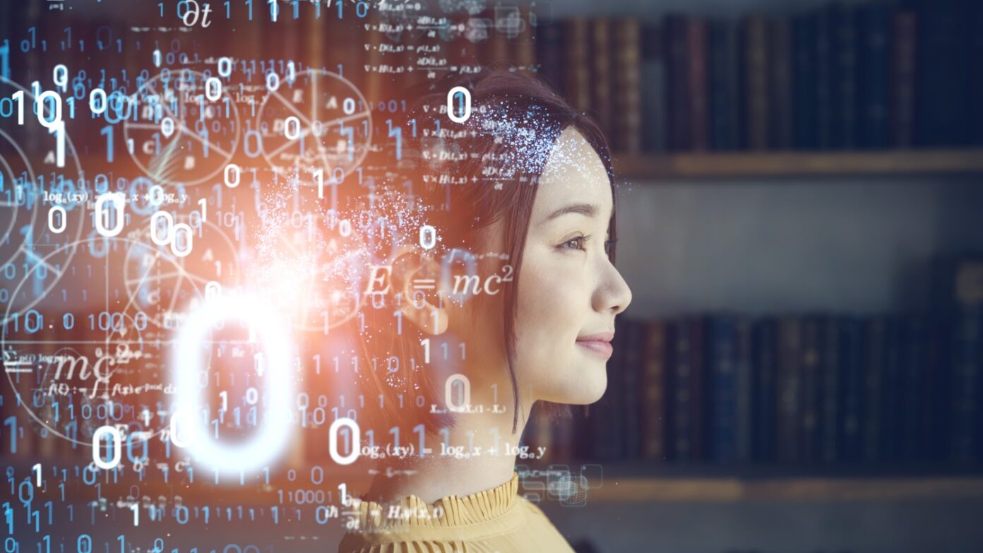 AI symbols and a woman in a library.