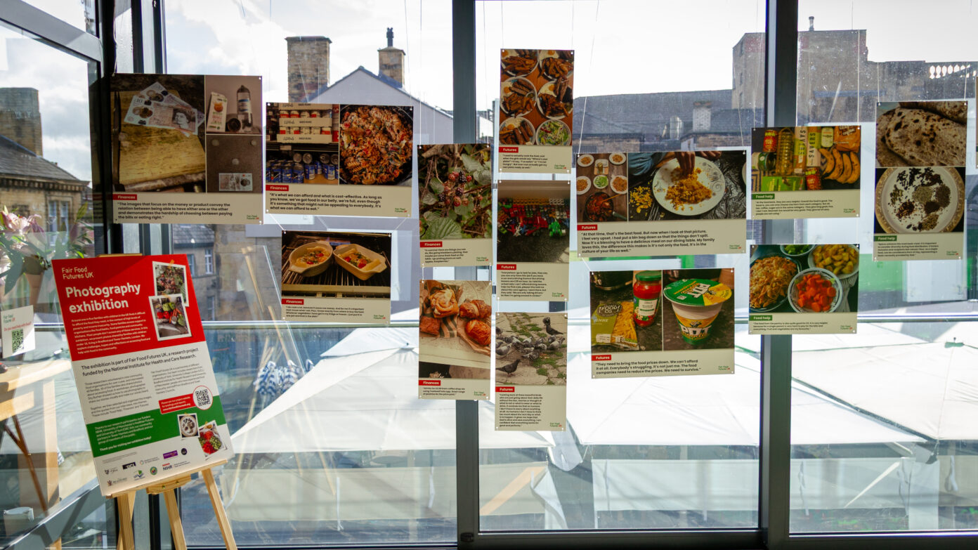 Exhibition display panels showing photographs and stories from the Fair Food Futures project.
