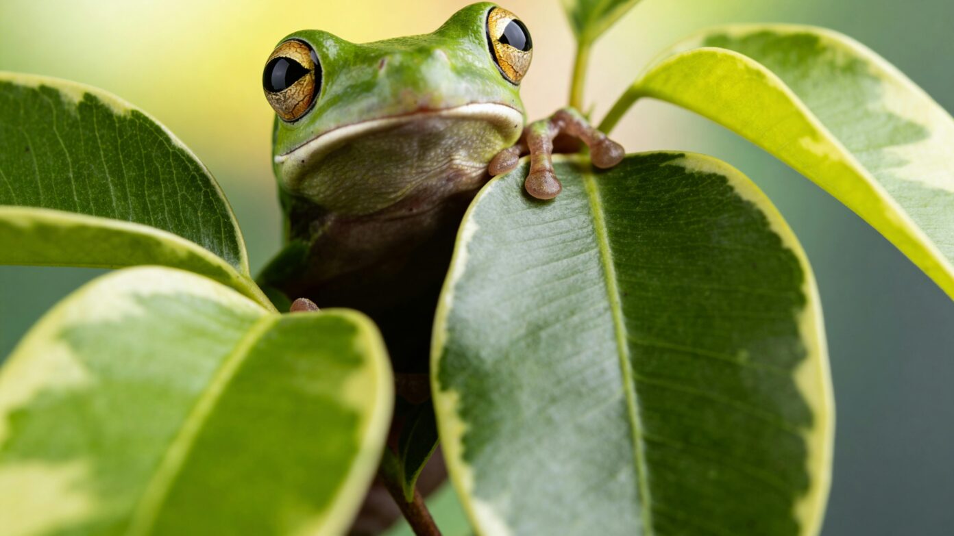 Close-up of a green tree frog peering through vibrant green leaves.